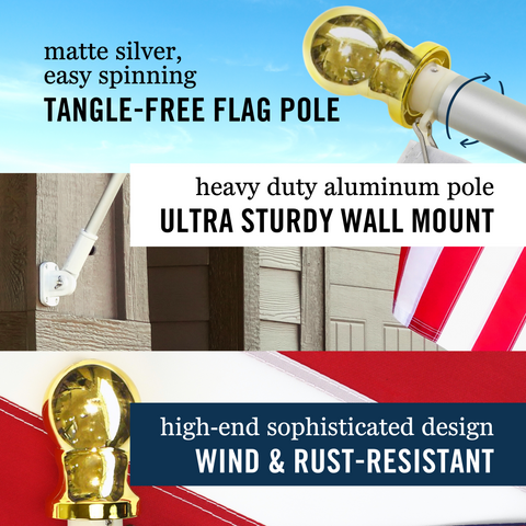 American Flag Pole Kit | Heavy Duty Outdoor Flagpole | 3x5’ Flag | 210D Nylon United States Flag | 6’ Adjustable Spinning Flag Pole | House Mount Bracket | Commercial | High Winds