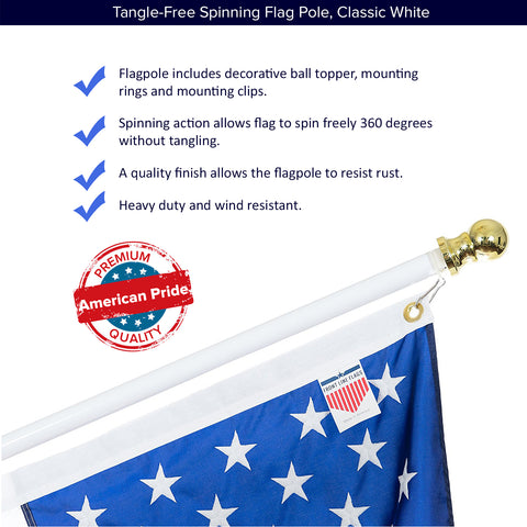 6ft Flag Pole, Heavy Duty Aluminum Spinning Flagpole, White