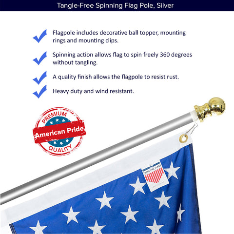 6 ft Flag Pole, Heavy Duty Aluminum Spinning Flagpole, Silver