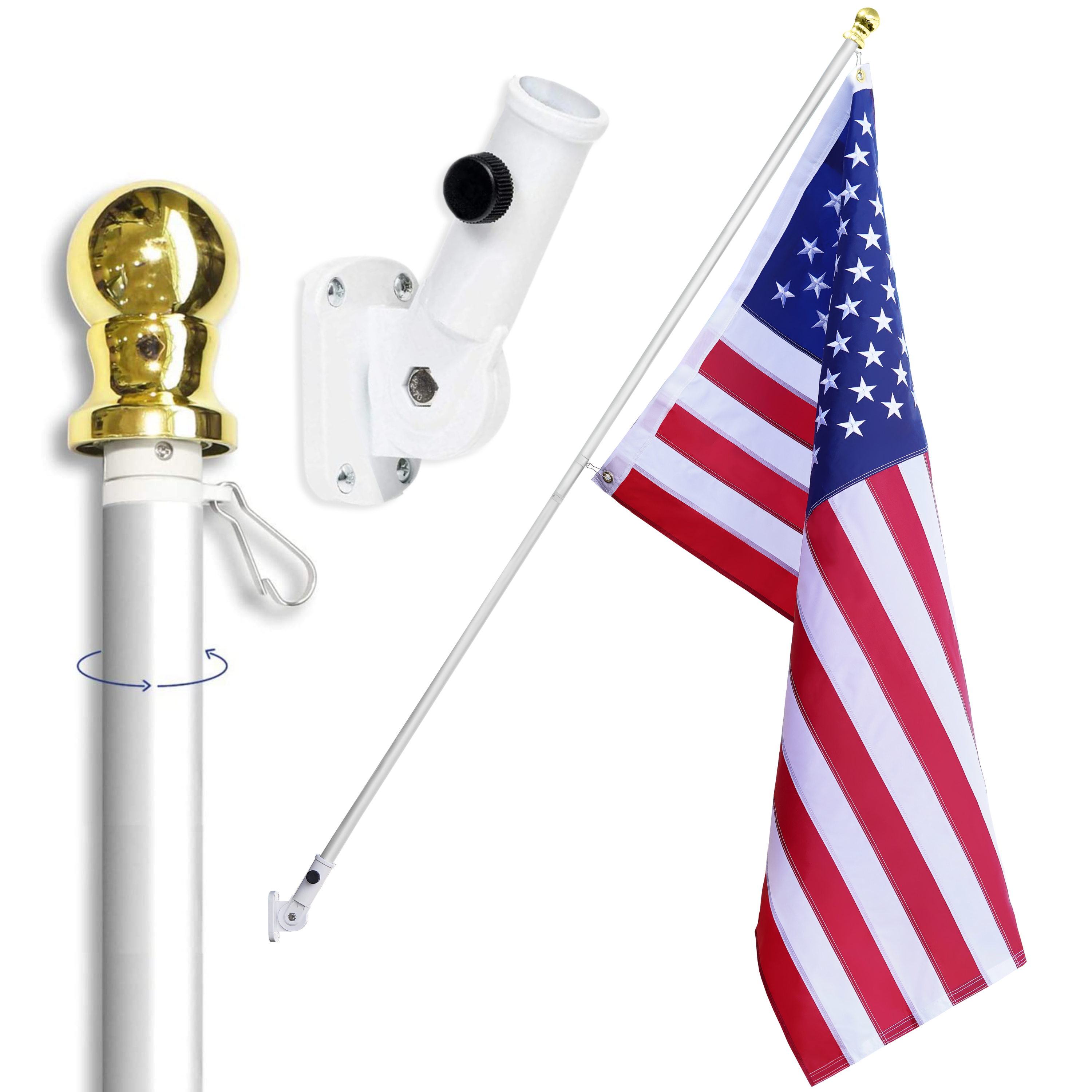 American Flag Pole Kit | Heavy Duty Outdoor Flagpole | 3x5’ Flag | 210D  Nylon United States Flag | 6’ Adjustable Spinning Flag Pole | House Mount