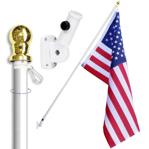 American Flag Pole Kit | Heavy Duty Outdoor Flagpole | 3x5’ Flag | 210D Nylon United States Flag | 6’ Adjustable Spinning Flag Pole | House Mount Bracket | Commercial | High Winds