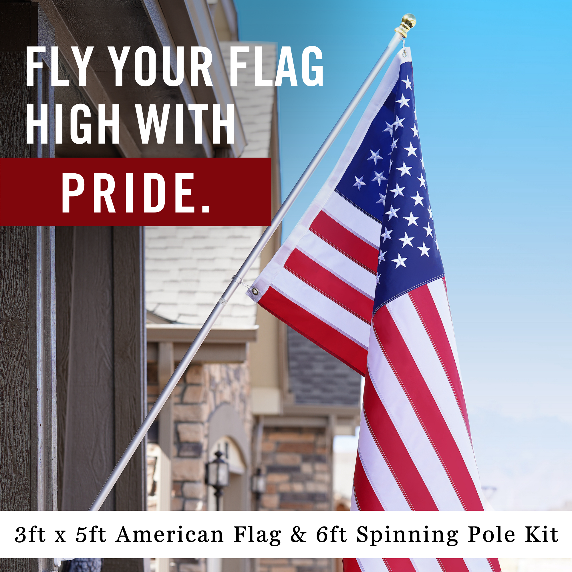 American Flag Pole Kit | Heavy Duty Outdoor Flagpole | 3x5’ Flag | 210D  Nylon United States Flag | 6’ Adjustable Spinning Flag Pole | House Mount