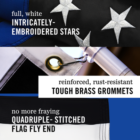 Thin Blue Line USA Flag | Heavy Duty Police Flag | Back The Blue | Blue Lives Matter Flag | Quadruple Stitched Fly End | Durable High-Performance 210D Nylon for High Winds | Brass Grommets